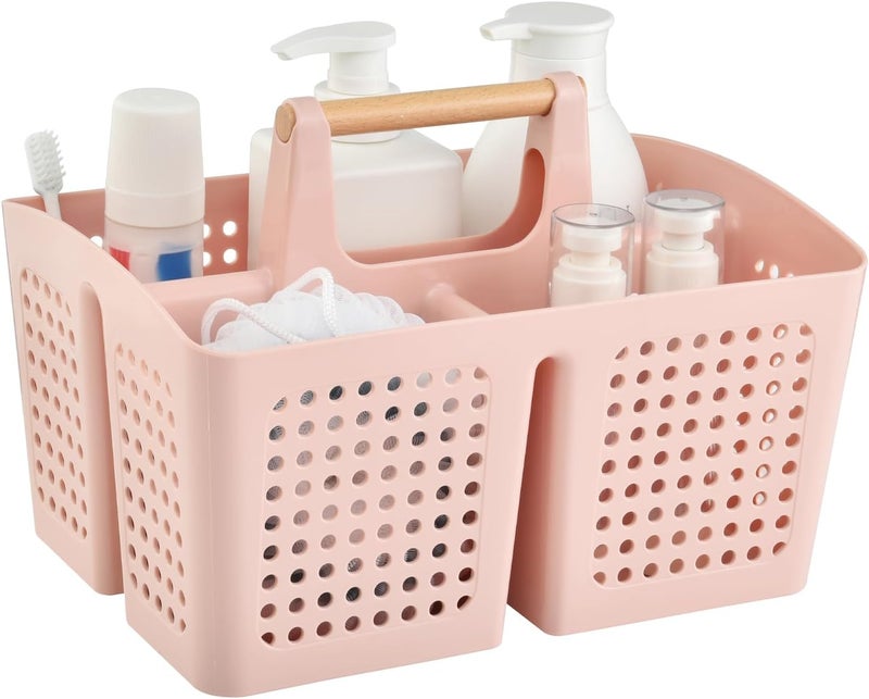 PAKCHOICE Portable Shower Caddy Basket with Compartments, Plastic Divided Cleaning Caddy Organizer Storage Tote with Handle for Bathroom, College, Dorm Room Essentials, Pink - Image 1